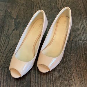 Women’s size 7 nude peep toe wedge, cole haan